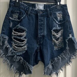 One Teaspoon Dark Blue Distressed Jean Shorts